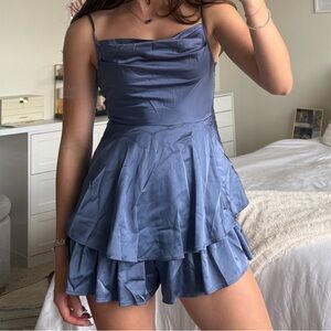 Cider blue ruffle romper dress